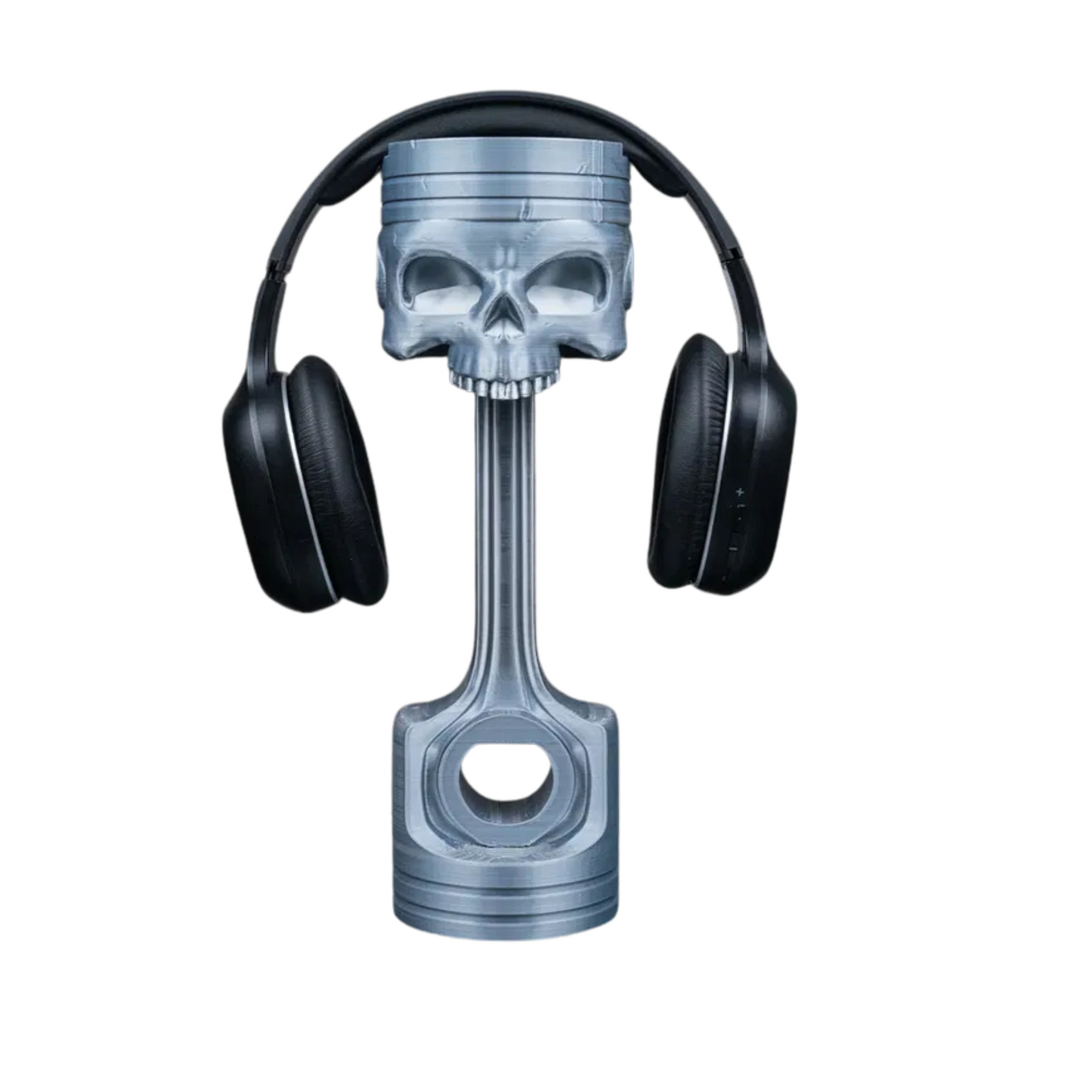 3D Printed Skull Headphone Stand β Piston Engine Design β Silver Finish