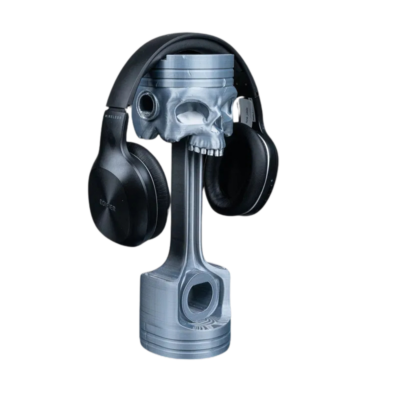 3D Printed Skull Headphone Stand β Piston Engine Design β Silver Finish