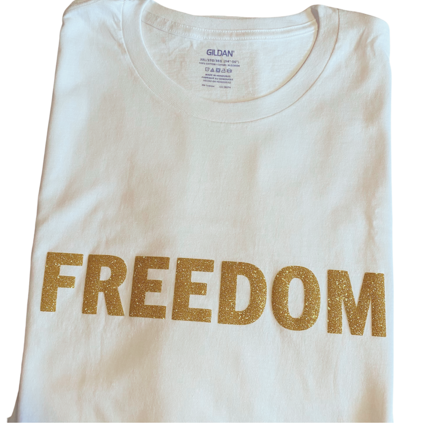 FREEDOM Gold Edition T-Shirt – White Cotton Tee with Glitter Gold Print – Limited Edition