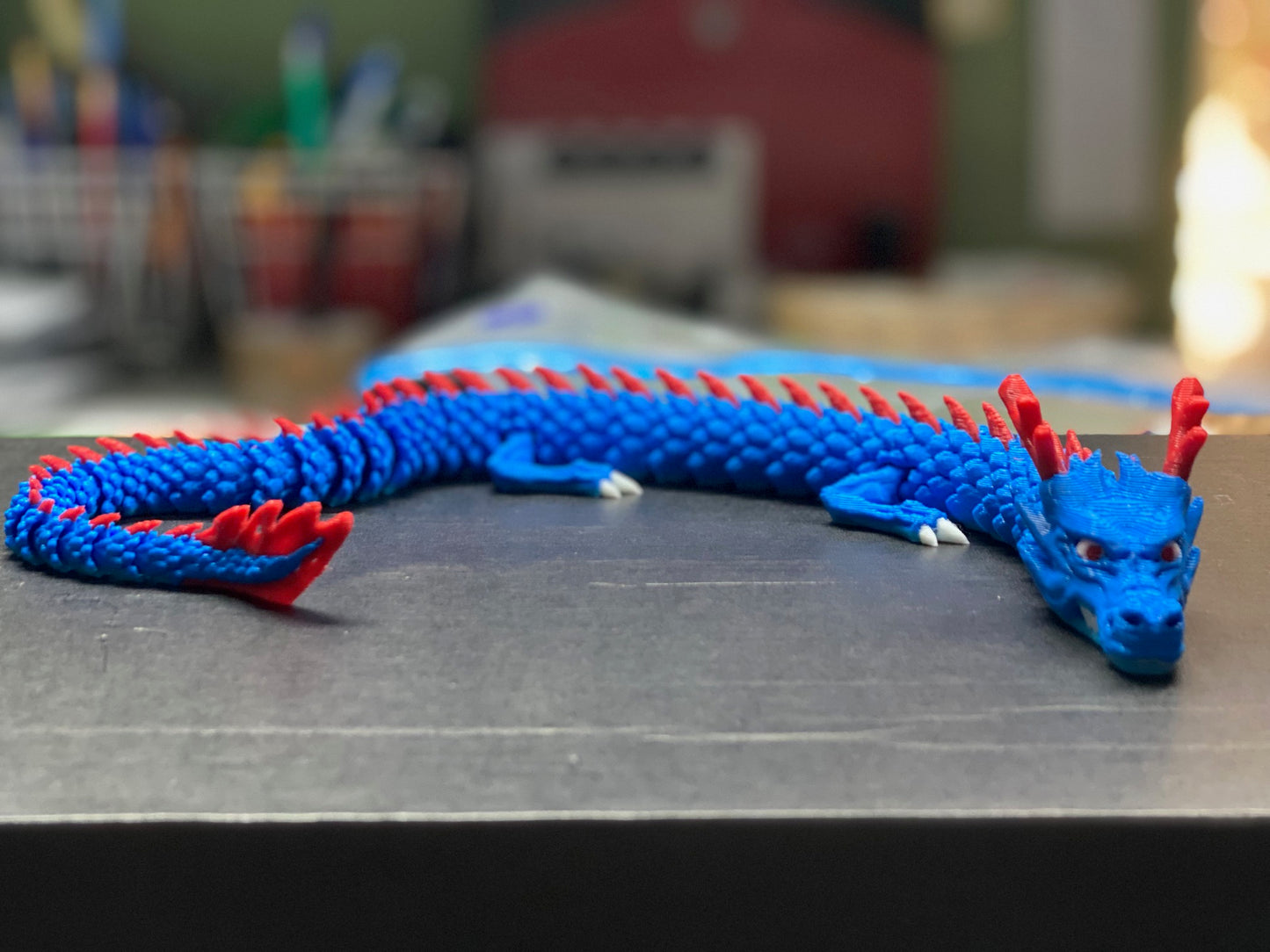 Giant 17 Inch Flexi Dragon - Articulated Sensory Fidget Toy - Blue Body Red Spines