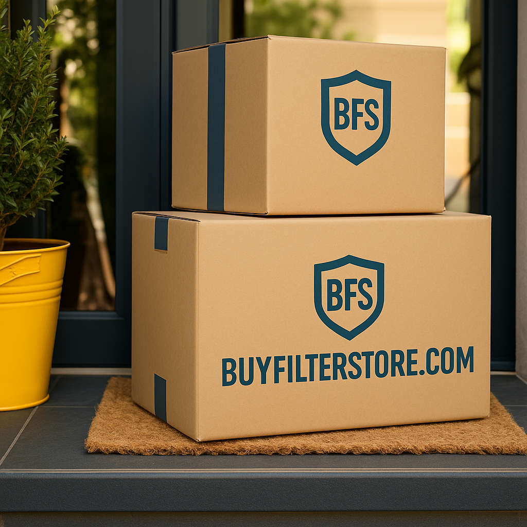 Metallic air filter packaging with a wavy blue airflow design. 'Order Now!' text in blue and orange at the top. Big Yard Sale LLC logo at the bottom. Light blue background.