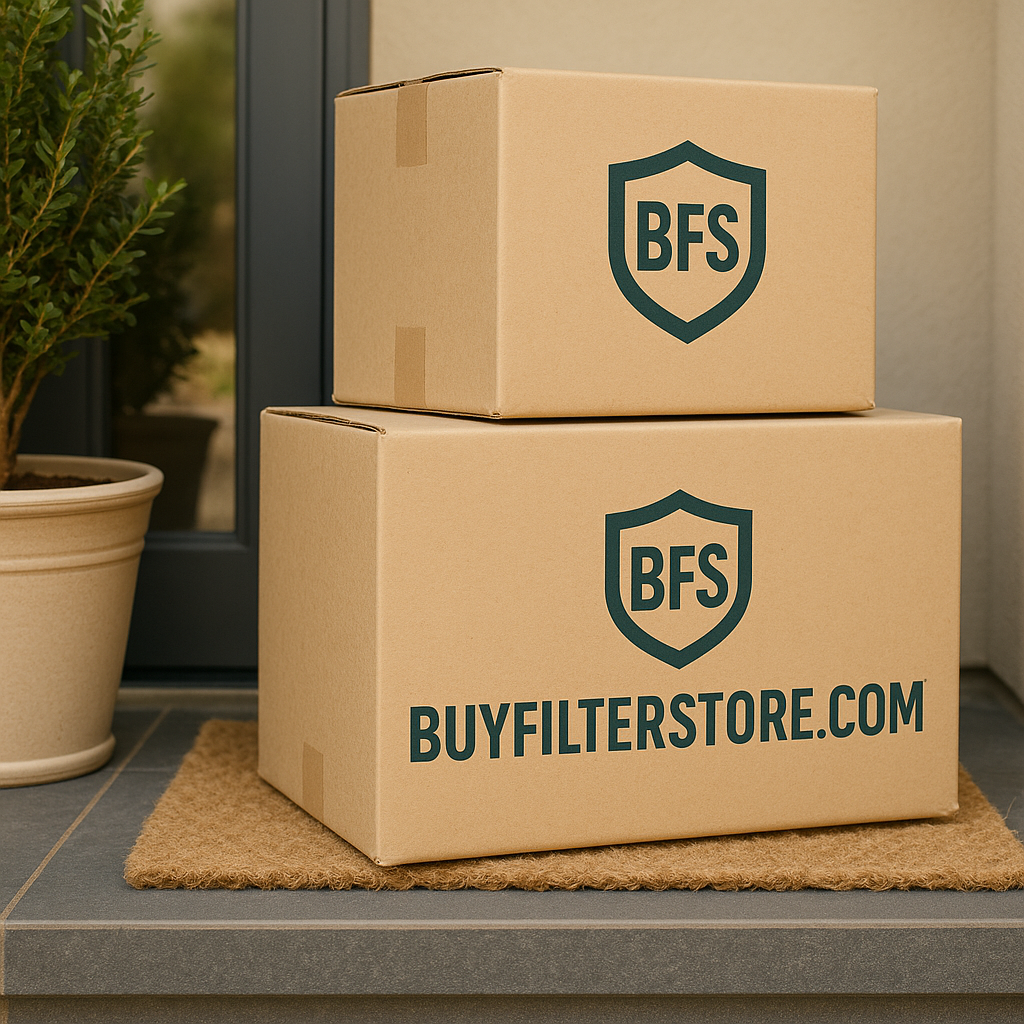 Bright blue background with a round air filter in the center. 'Search' in multicolored font above a white search bar with a magnifying glass icon. A black house icon on the right. 'BuyFilterStore' in bold, light gray font below.