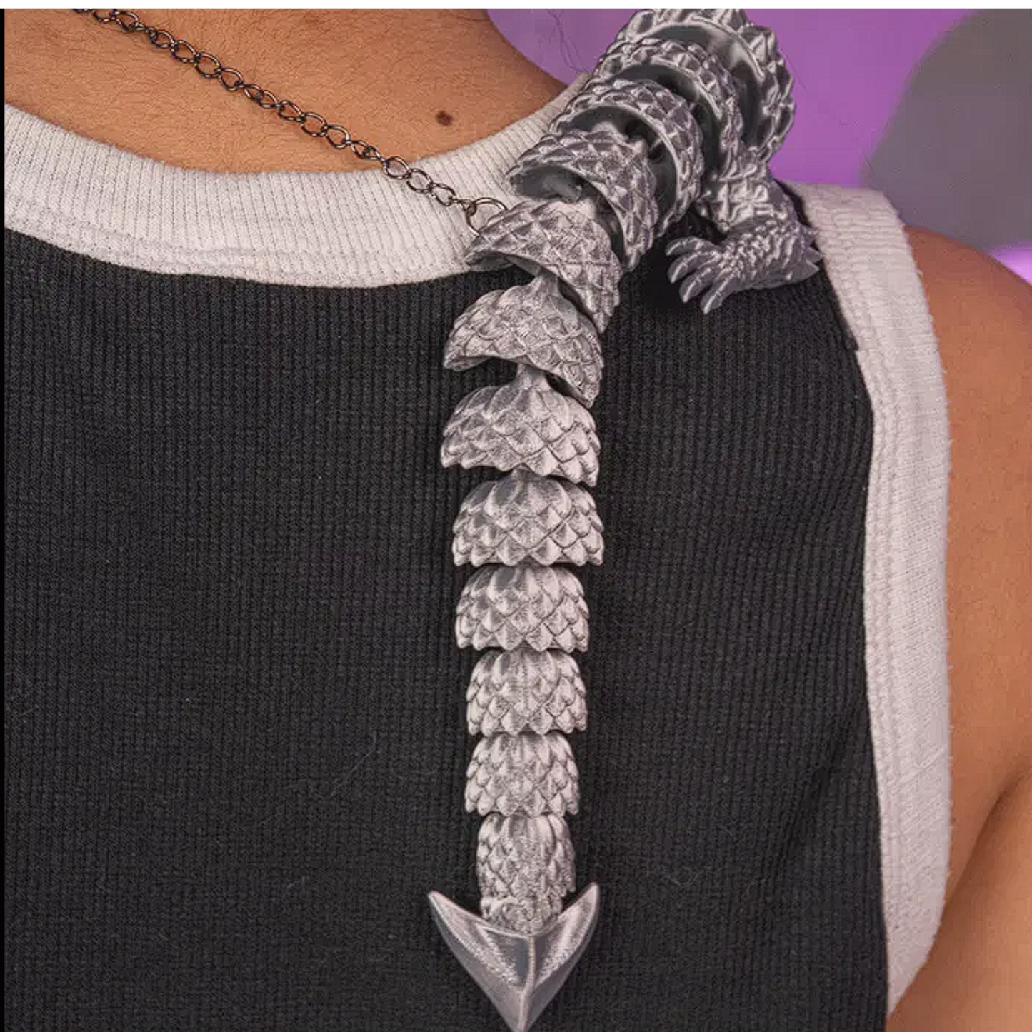 Articulated Dragon Necklace 14" - Silver w/ Red Eyes 3D