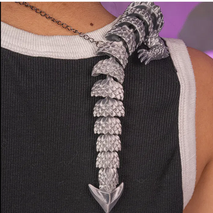 Articulated Dragon Necklace 14" - Silver w/ Red Eyes 3D