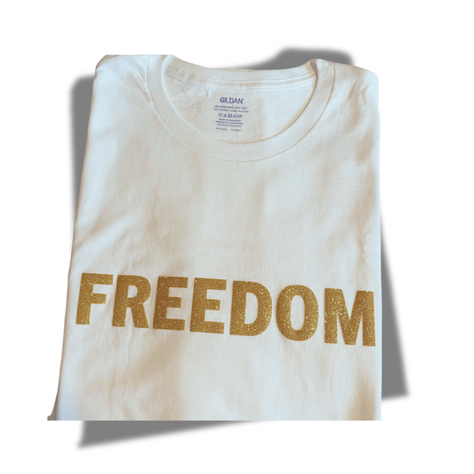 FREEDOM Gold Edition T-Shirt – White Cotton Tee with Glitter Gold Print – Limited Edition