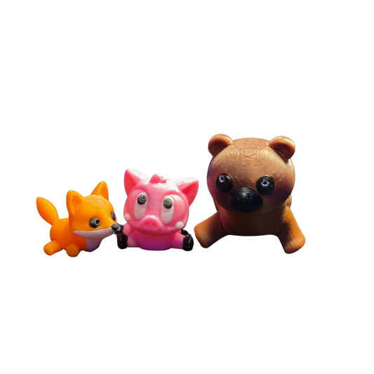 3 Pack 3D Printed Mini Animals - Fox Pig Bear Figurine Set