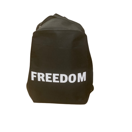 FREEDOM Backpack – Black Canvas School Bag with White Bold Print – Durable & Lightweight