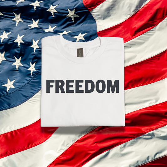 FREEDOM T-Shirt – Patriotic White Gildan G5000 Tee with Bold Black Vinyl Print – All Sizes