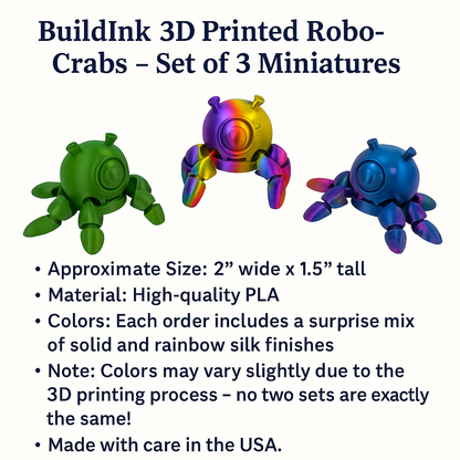 3D Printed Robo-Crab Miniatures – Set of 3 – Random Colors