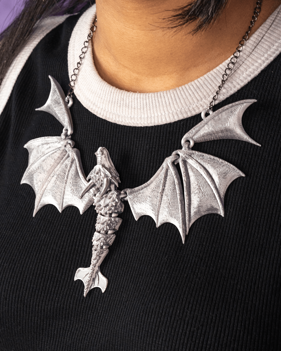 Fantasy Dragon Necklace – Articulated Wings – 3D Printed Gothic Statement Jewelry