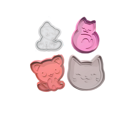 Cute Cat Cookie Cutters – Set of 4 Kawaii Kitty Shapes – Random Colors – 3D Printed Plastic – Perfect for Baking, Fondant, Crafts, and Gifts