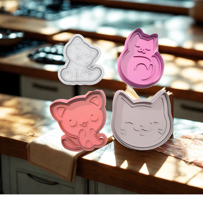 Cute Cat Cookie Cutters – Set of 4 Kawaii Kitty Shapes – Random Colors – 3D Printed Plastic – Perfect for Baking, Fondant, Crafts, and Gifts