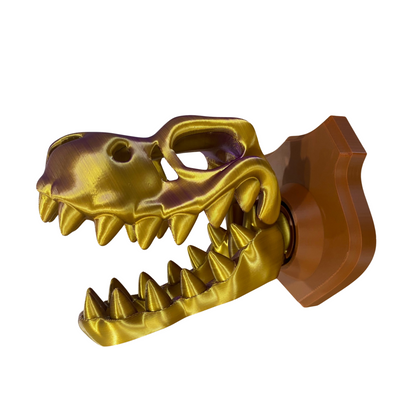 BuildInk™ 3D Printed T-Rex Wall Mount – Articulated Dinosaur Skull Trophy – Unique Gold or Purple PLA – Decorative Wall Art