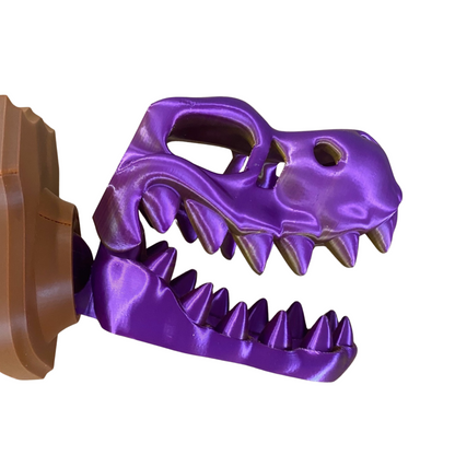 BuildInk™ 3D Printed T-Rex Wall Mount – Articulated Dinosaur Skull Trophy – Unique Gold or Purple PLA – Decorative Wall Art