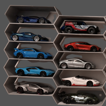 3D Printed Hexagonal Hot Wheels Shelf – Wall Mounted Display Rack – Multiple Color Options